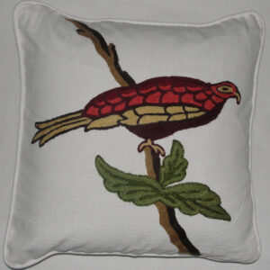 Crewel Pillow Red Bird on White Cotton Duck
