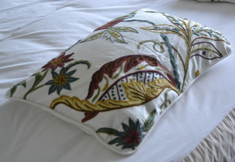 Crewel Pillow Sham Atherton Multi Color on White Cotton Duck