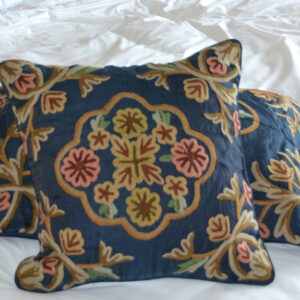 Crewel Pillow Sham Artful Florals Deep Royal Blue Cotton Duck