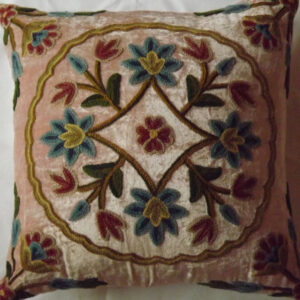 Crewel Pillow Sham Round Floral Arrangement Bright Rose Pink Cotton Velvet