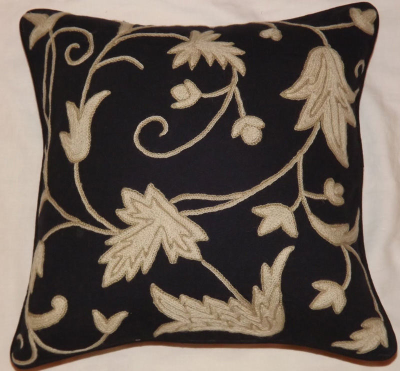 Crewel Pillow Sham Orpheus Neutrals on Black Grapes Cotton Duck