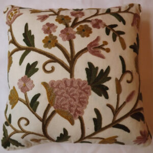 Crewel Pillow Sham Tree of Life Pink Flowers on Off White Cotton Viscose Velvet
