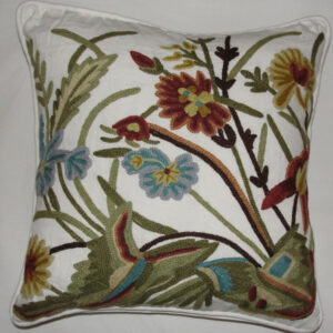 Crewel Pillow Spring Sparrows Forest Colors on Offwhite Cotton Duck