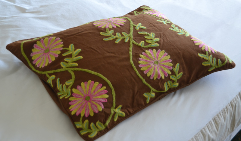 Crewel Pillow Sunflower Vine Cocoa Cotton Duck