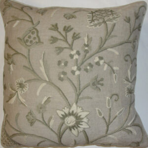 Crewel Pillow Tree of Life Neutrals on Brown Linen