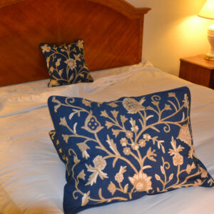 Crewel Pillow Tree of Life Neutrals on Royal Blue Cotton Duck