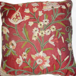 Crewel Pillow Tree of Life Deep Red Silk Organza