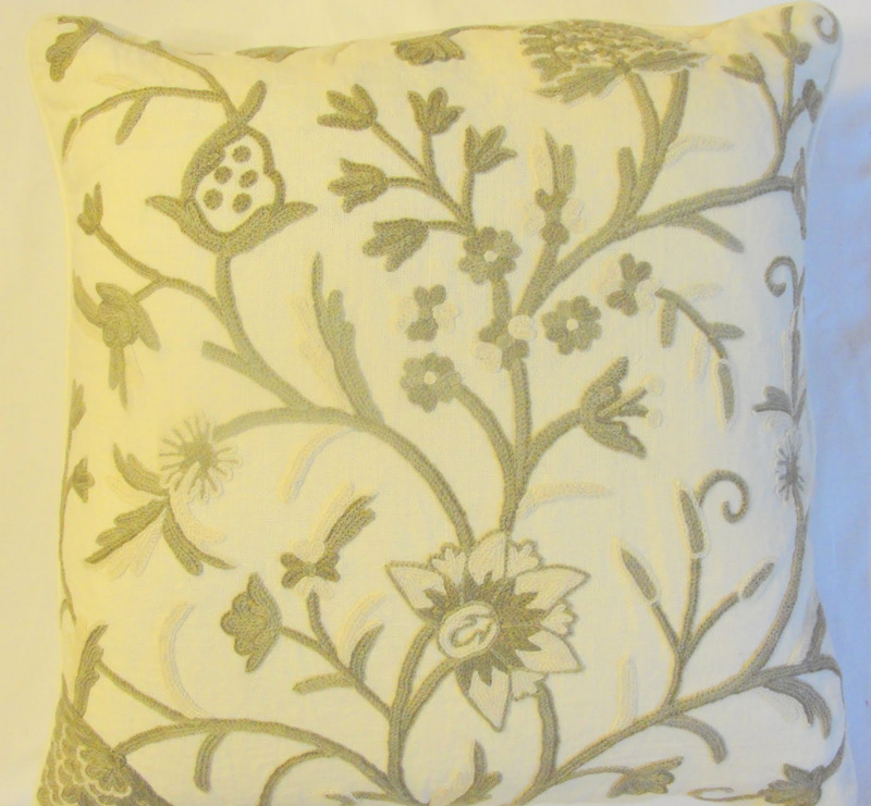 Crewel Pillow Tree of Life Neutrals on Creamy White Linen