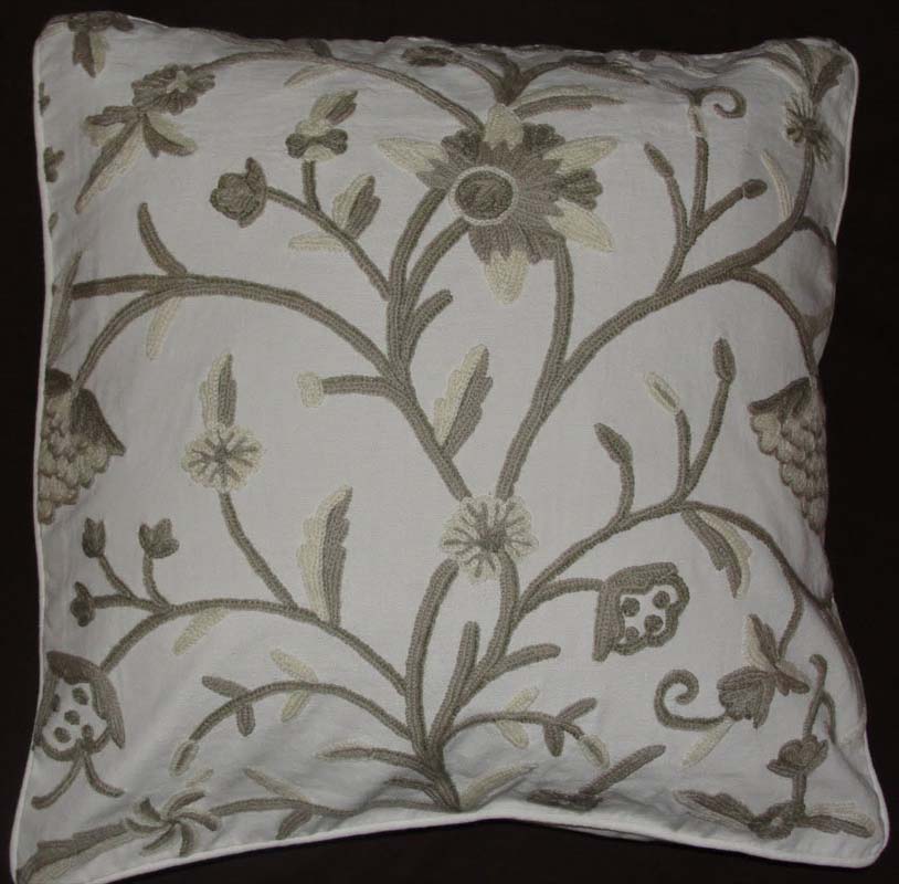 Crewel Pillow Tree of Life Neutrals on White Cotton Duck