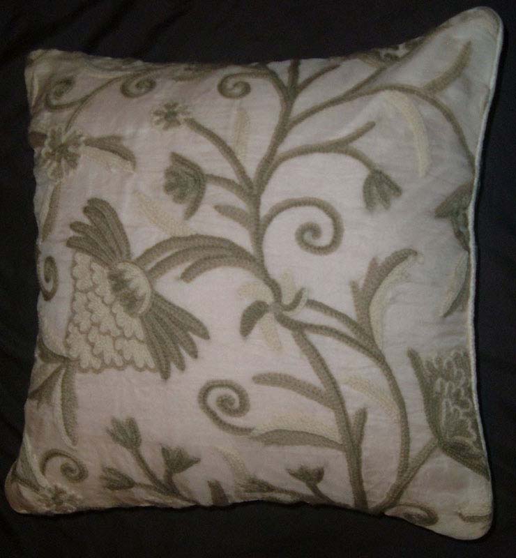 Crewel Pillow Tree of Life Neutrals on White Organza