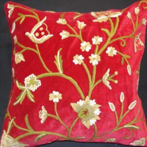 Crewel Pillow Tree of Life Red Cotton Velvet