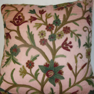 Crewel Pillow Tree of Life Rose Pink Silk Organza
