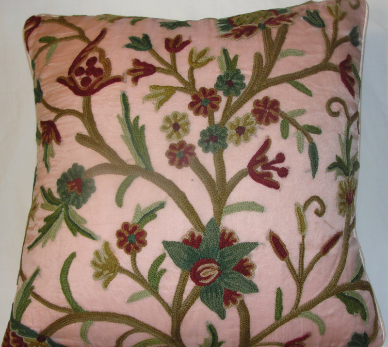 Crewel Pillow Tree of Life Rose Pink Silk Organza