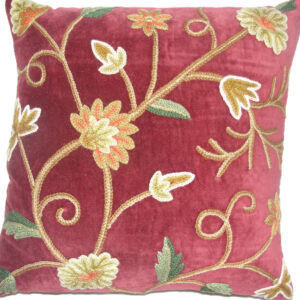 Crewel Pillow Winter Time Red Cotton Velvet