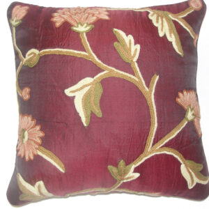 Crewel Pillow Wintertime Burgundy Silk Organza