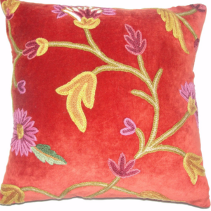 Crewel Pillow Winter Time Deep Red Cotton Velvet