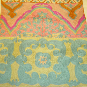 Crewel Rug Floral Medallion Forest Colors on White Chain Stitched Wool Rug