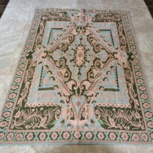 Crewel Rug Garden of Diamonds Blues and Pinks on Raw Chain Stitched Wool Rug