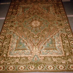 Crewel Rug Green Leaf Blue Chain Stitched Wool Rug