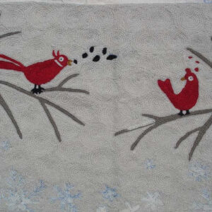 Crewel Rug Talking Birdies Red on Grey Chain Stitched Wool Rug