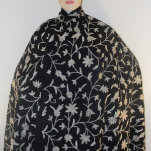 Crewel Shawl Bunch of Flowers White on Bohemian Black Wool