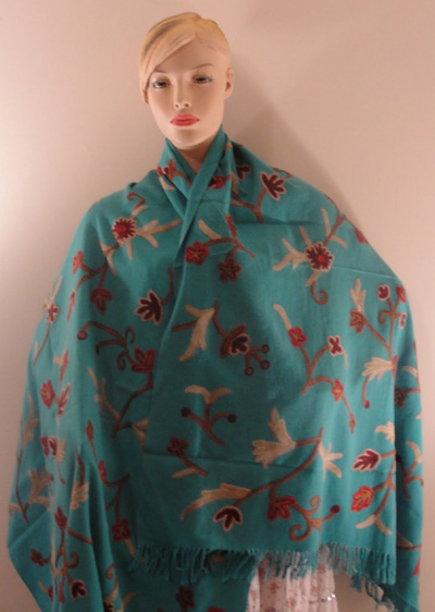 Crewel Shawl Flowers on Twigs Calypso Blue Wool