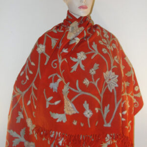 Crewel Shawl Tree of Life Grayish Blues on Gypsy Red Wool