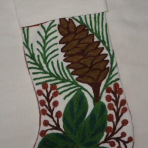 Crewel Stocking Pinecone Christmas Colors on White Cotton Duck