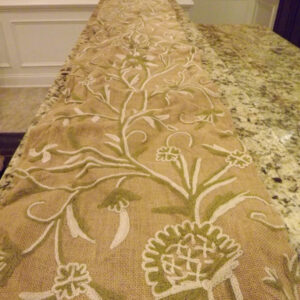 Crewel Table Runner Tree of Life White and Green on Natural Brown Jute