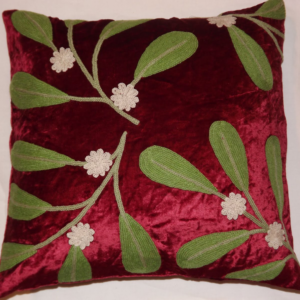 Crewel Pillow Mistletoe Christmas Red Cotton Viscose Velvet- 18×18