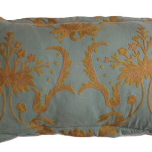 Crewel Pillow Bloom Teal Blue Cotton Duck- 20×36