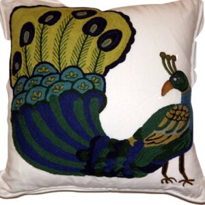 Crewel Pillow Dancing Peacock Multi Cotton Duck