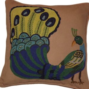 Crewel Pillow Dancing Peacock Nutmeg Brown Cotton Duck