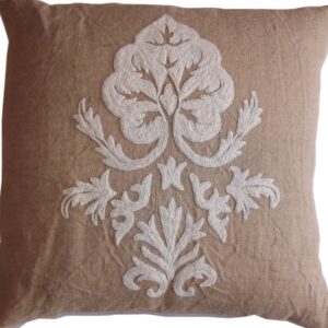 Crewel Pillow Konark White on Natural Brown Jute-22×22